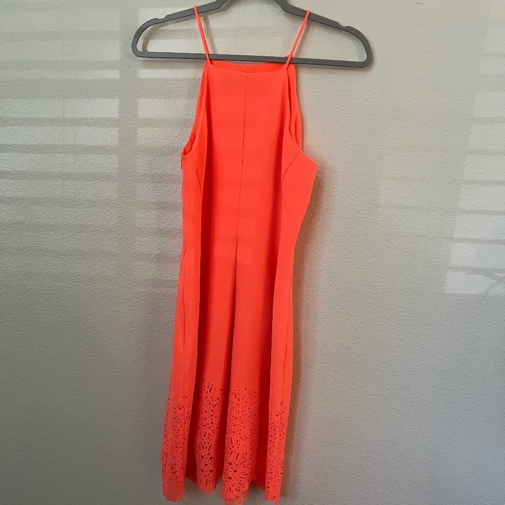 KAREN MILLEN | Shift Cocktail Orange Mini Dress Sleeveless Laser Cut | Size 6 - Picture 5 of 9
